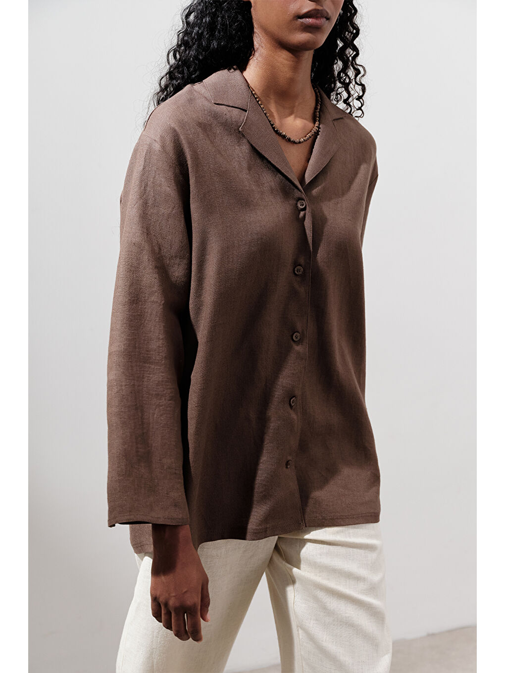 Kahverengi Keten Geniş Kollu Gömlek Tozlu Kahve-3
