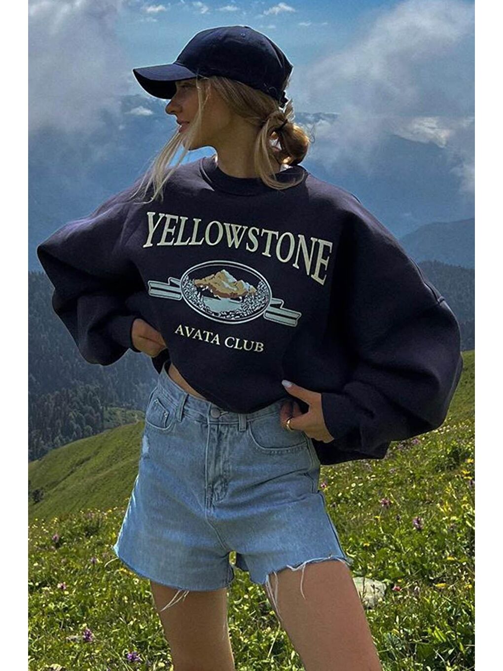 Lacivert Bisiklet Yaka Baskılı Sweatshirt MG1571-3