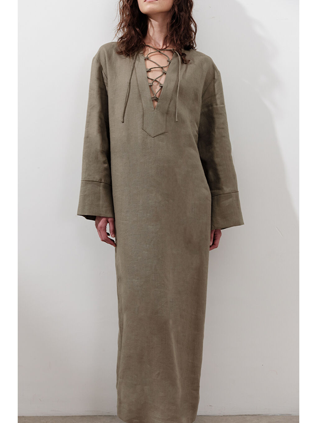 Keten Bağlama Detaylı Elbise Haki-4