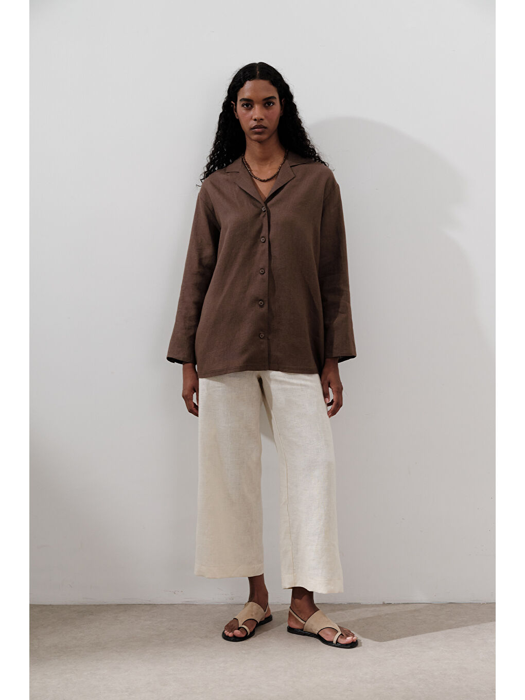 Kahverengi Keten Geniş Kollu Gömlek Tozlu Kahve-4