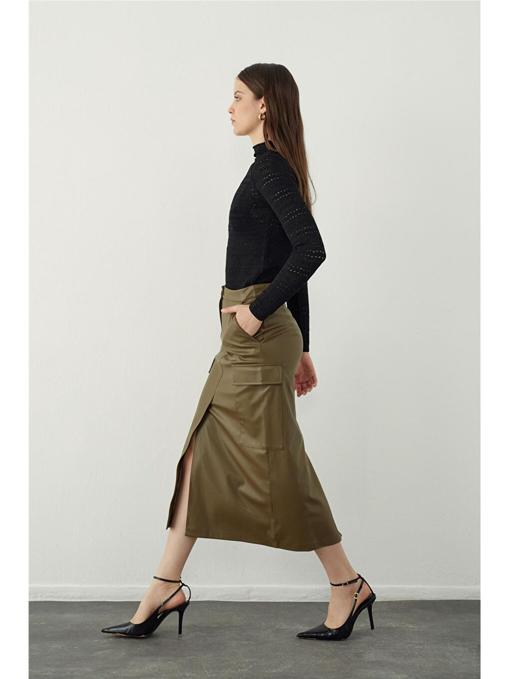 Yeşil Deri Görünümlü Cep Detaylı Midi Etek-2