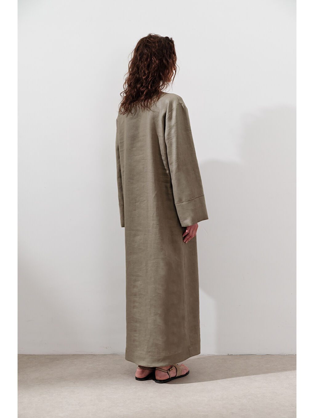 Keten Bağlama Detaylı Elbise Haki-5