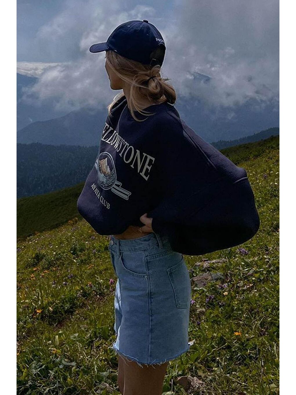 Lacivert Bisiklet Yaka Baskılı Sweatshirt MG1571-2