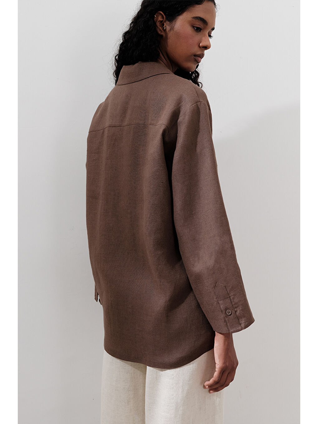 Kahverengi Keten Geniş Kollu Gömlek Tozlu Kahve-5