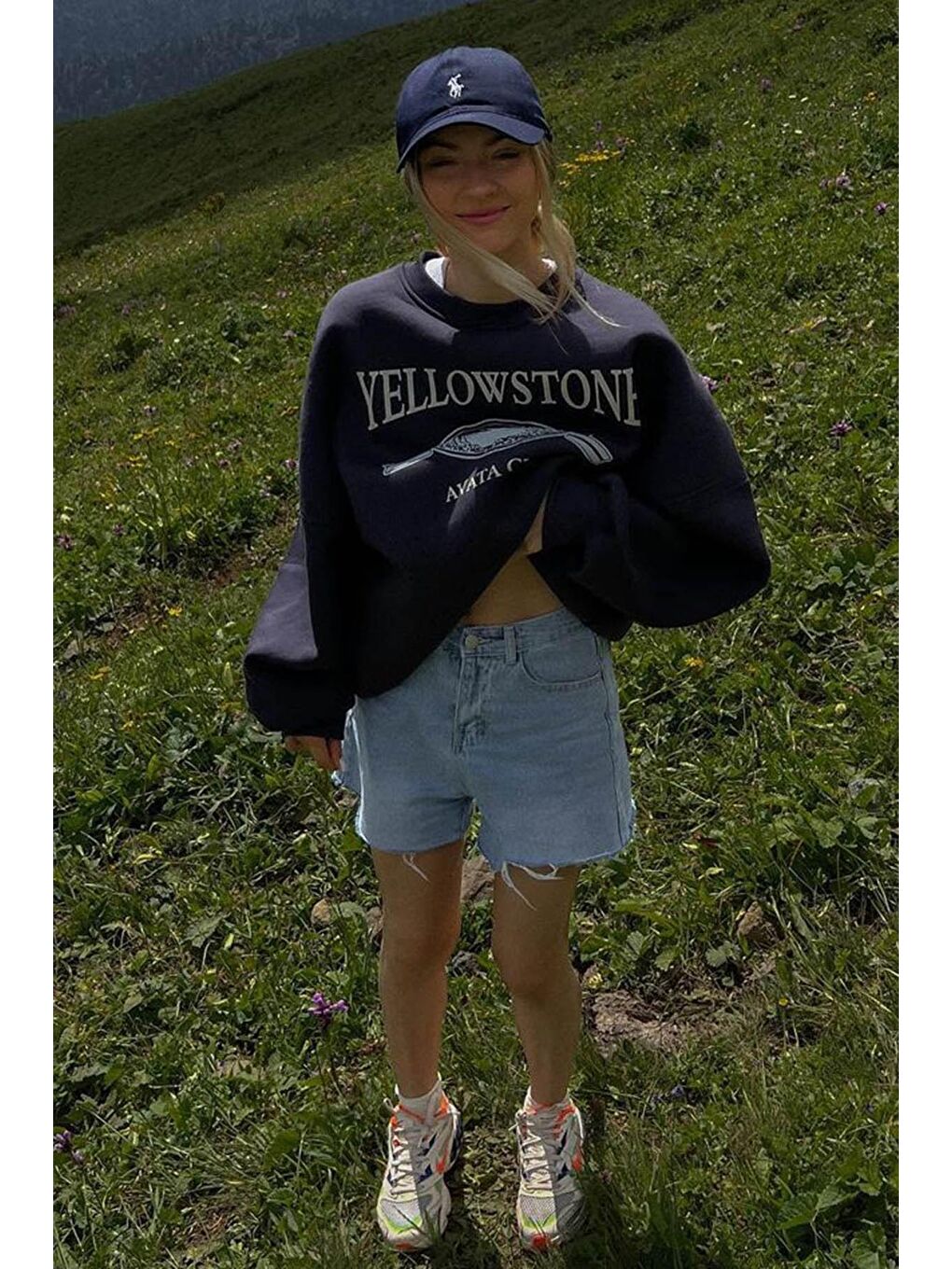 Lacivert Bisiklet Yaka Baskılı Sweatshirt MG1571-1