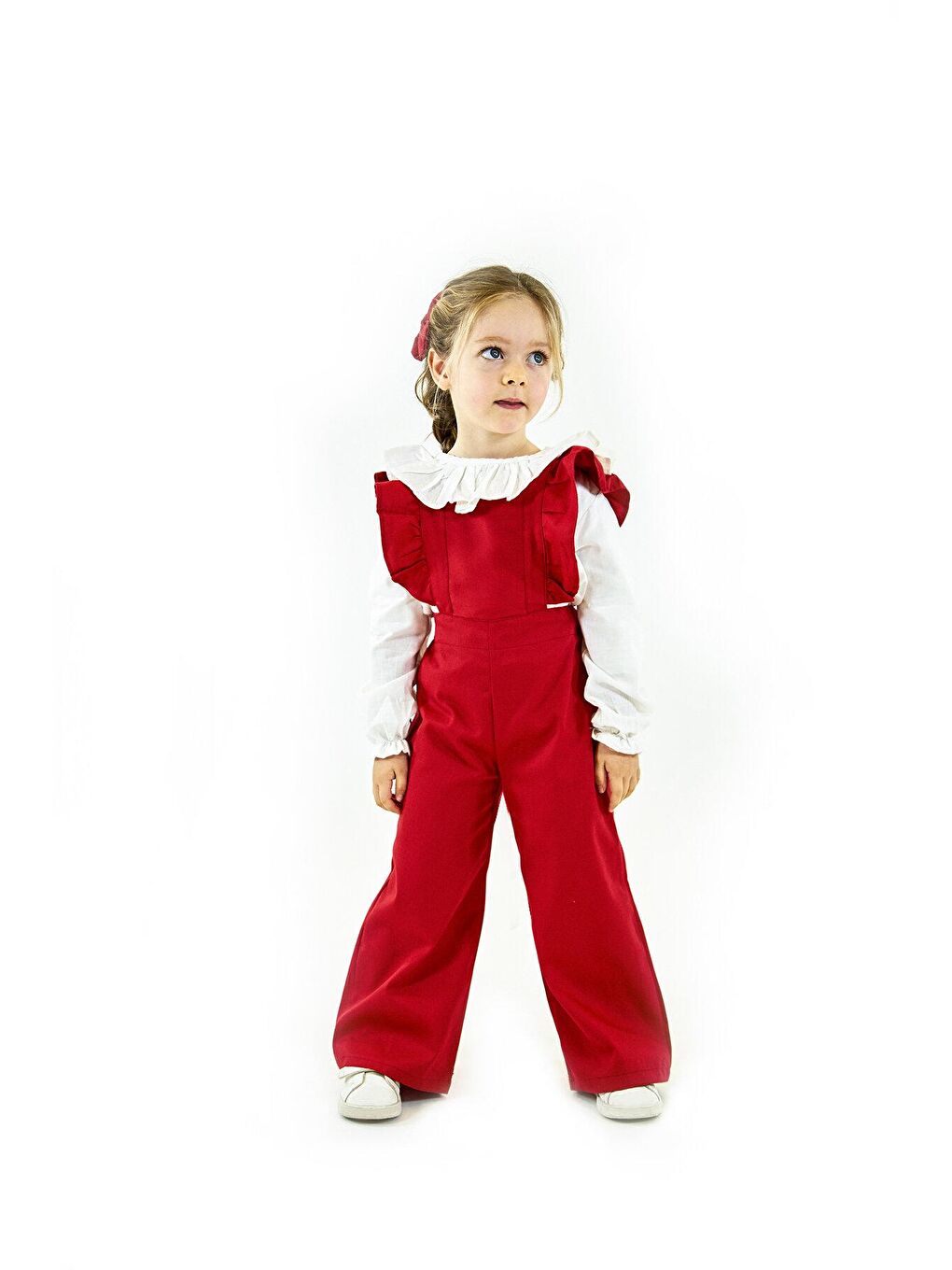 Kırmızı Gabardin Doa Tulum + Keten Çiçek Yaka Gömlek + 2 Toka-1