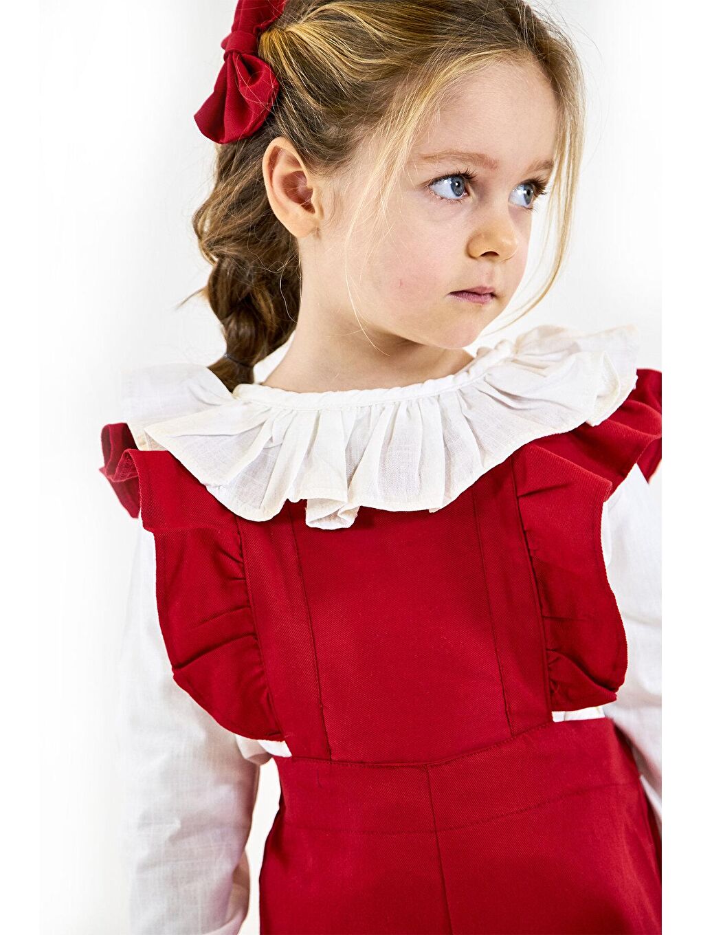 Kırmızı Gabardin Doa Tulum + Keten Çiçek Yaka Gömlek + 2 Toka-2