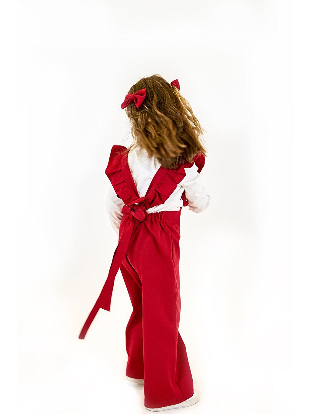 Kırmızı Gabardin Doa Tulum + Keten Çiçek Yaka Gömlek + 2 Toka-3