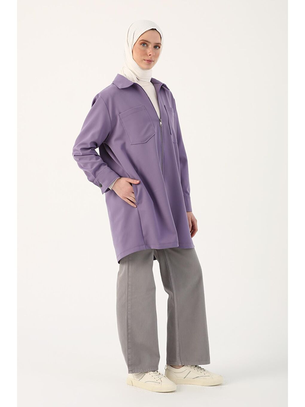 Mor Büyük Cepli Fermuarlı Rahat Kalıp Ferace