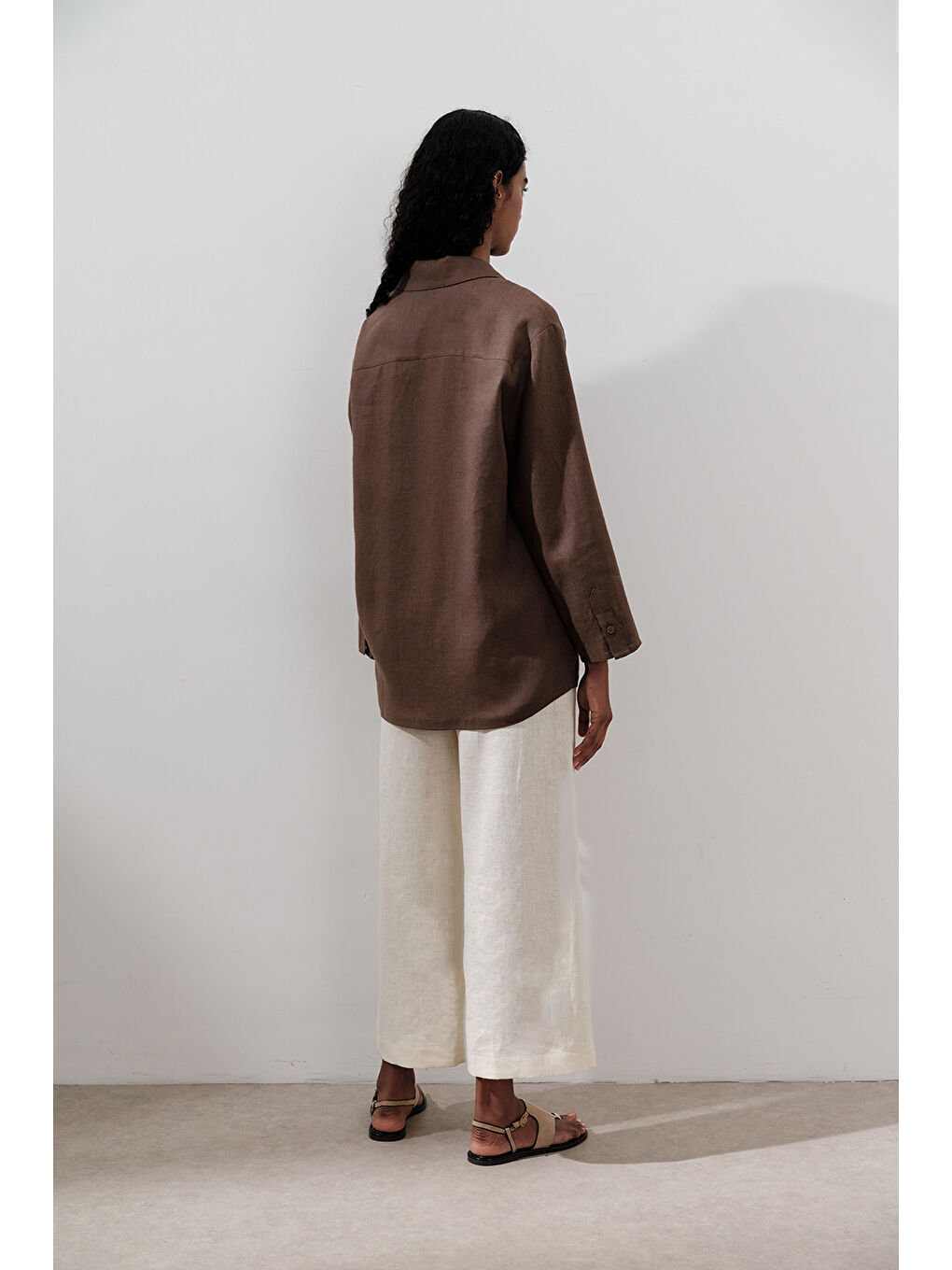 Kahverengi Keten Geniş Kollu Gömlek Tozlu Kahve-6
