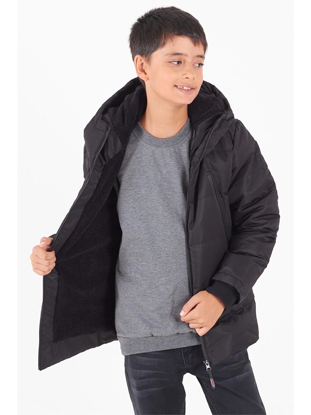 Erkek Çocuk Mont Siyah Fermuarlı Kapüşonlu Şişme Mont 14536