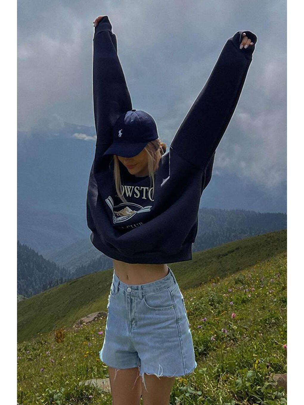 Lacivert Bisiklet Yaka Baskılı Sweatshirt MG1571