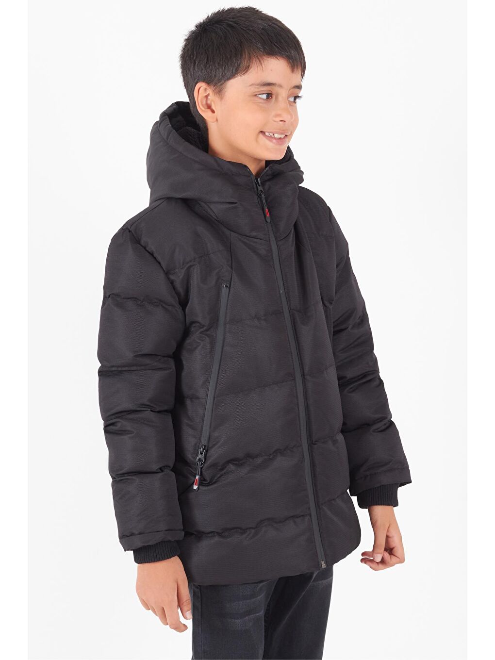 Erkek Çocuk Mont Siyah Fermuarlı Kapüşonlu Şişme Mont 14536-1