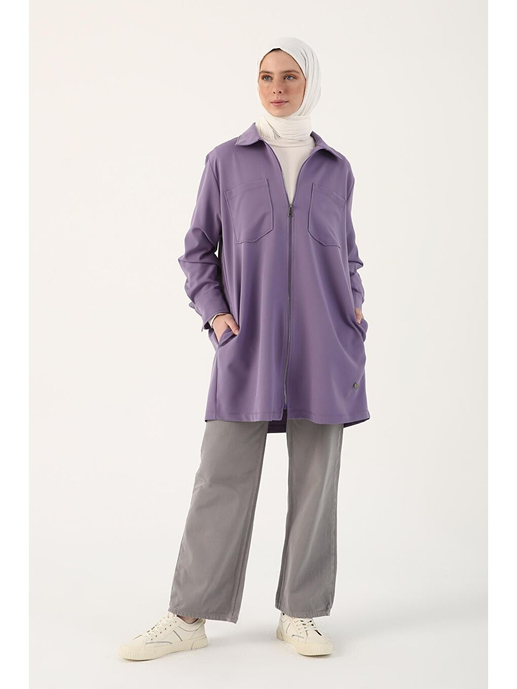 Mor Büyük Cepli Fermuarlı Rahat Kalıp Ferace-1