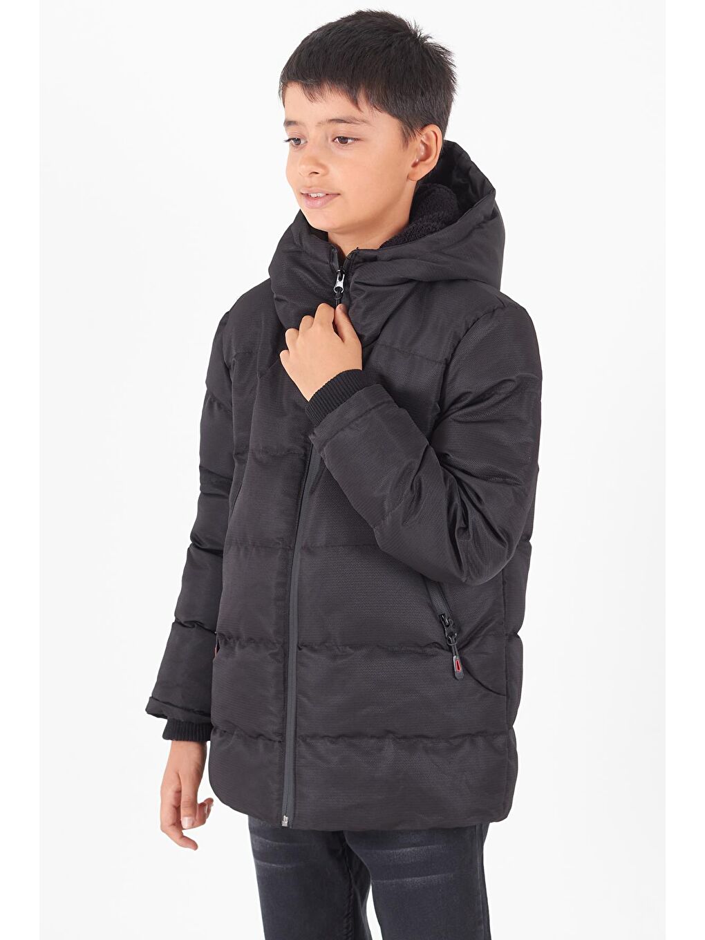 Erkek Çocuk Mont Siyah Fermuarlı Kapüşonlu Şişme Mont 14536-2