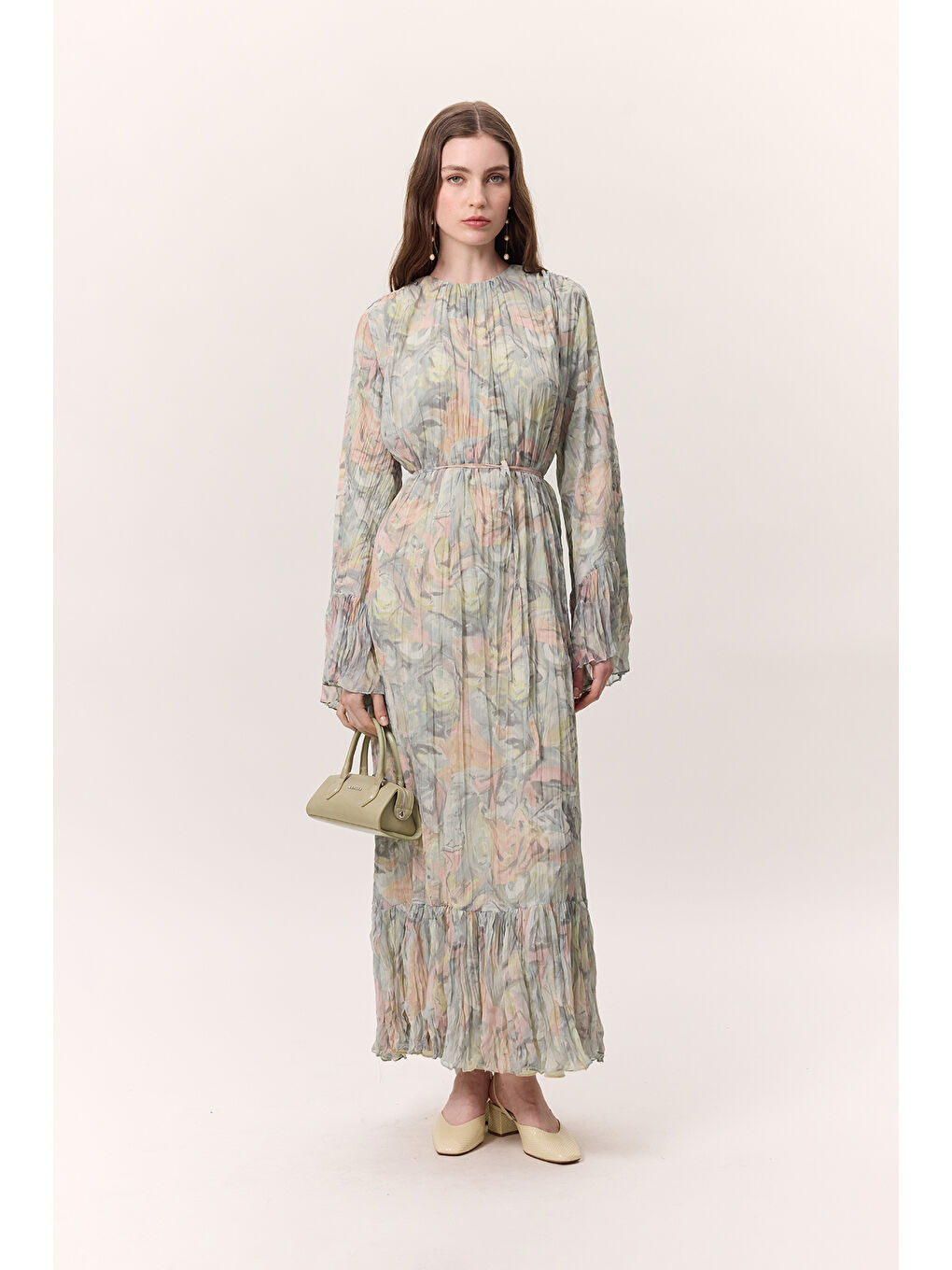 Desenli Crushlı Katlı Elbise Sophıa Yeşil-1