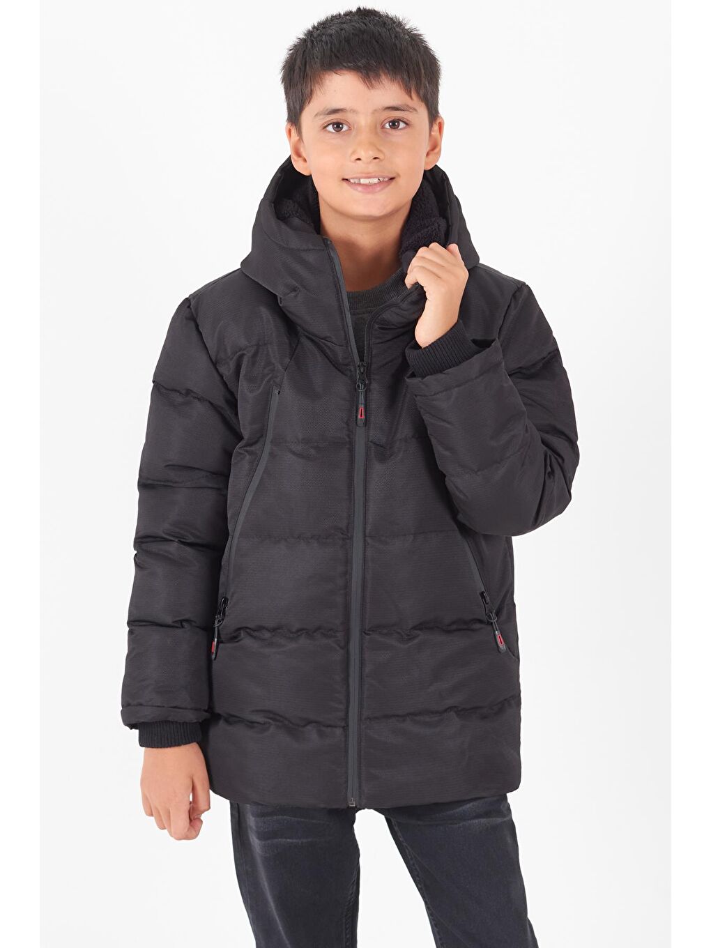 Erkek Çocuk Mont Siyah Fermuarlı Kapüşonlu Şişme Mont 14536-4