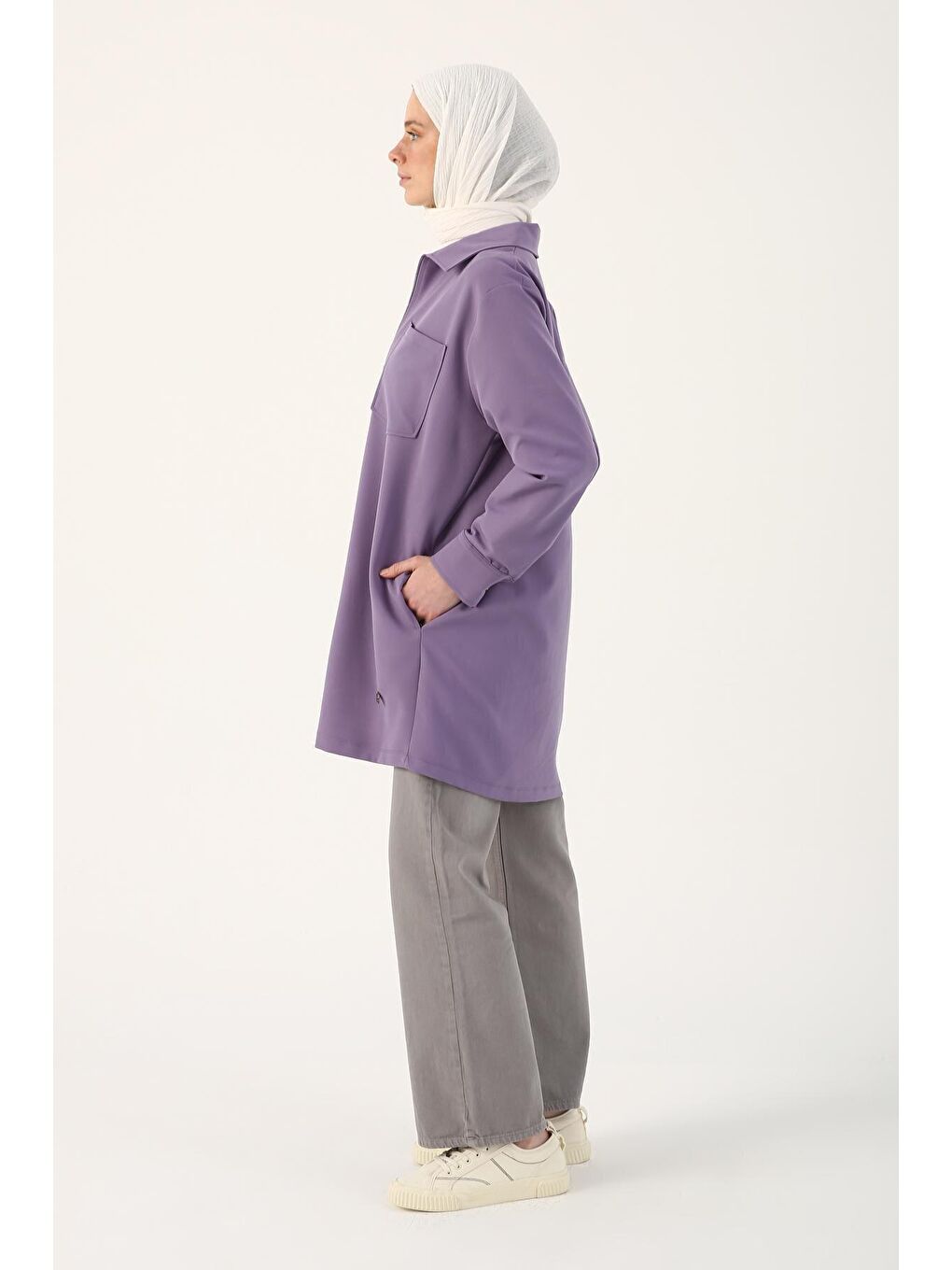 Mor Büyük Cepli Fermuarlı Rahat Kalıp Ferace-2