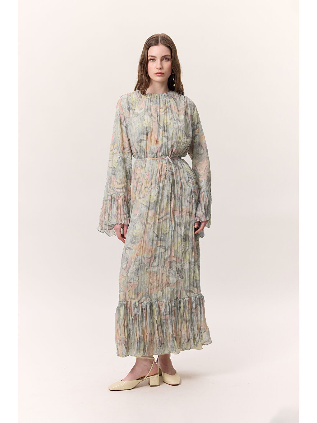 Desenli Crushlı Katlı Elbise Sophıa Yeşil-3