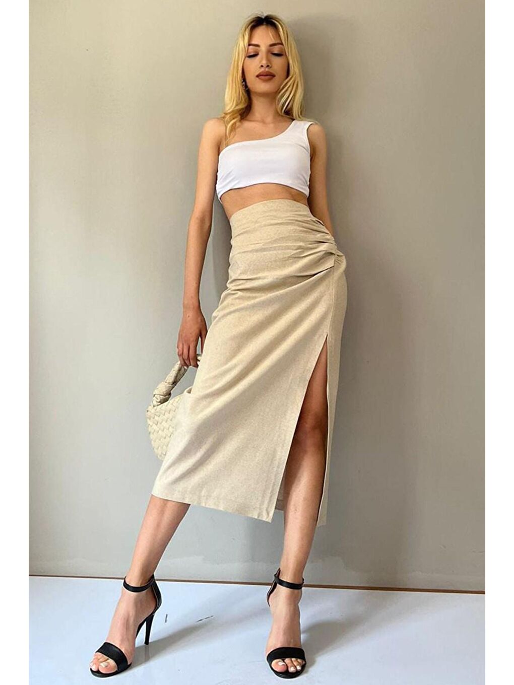 Bej Basic Midi Boy Büzgülü Keten Görünümlü Etek Mg1540