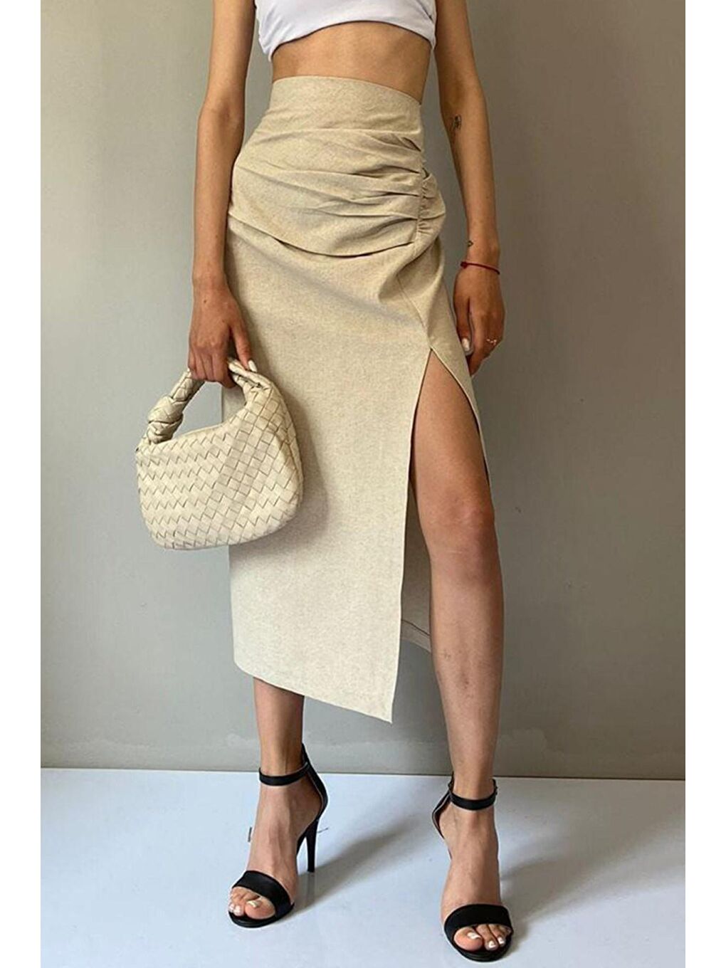 Bej Basic Midi Boy Büzgülü Keten Görünümlü Etek Mg1540-1