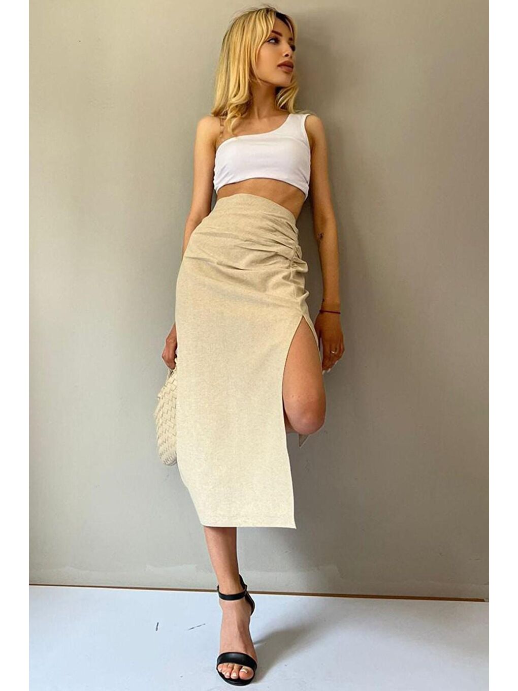 Bej Basic Midi Boy Büzgülü Keten Görünümlü Etek Mg1540-2