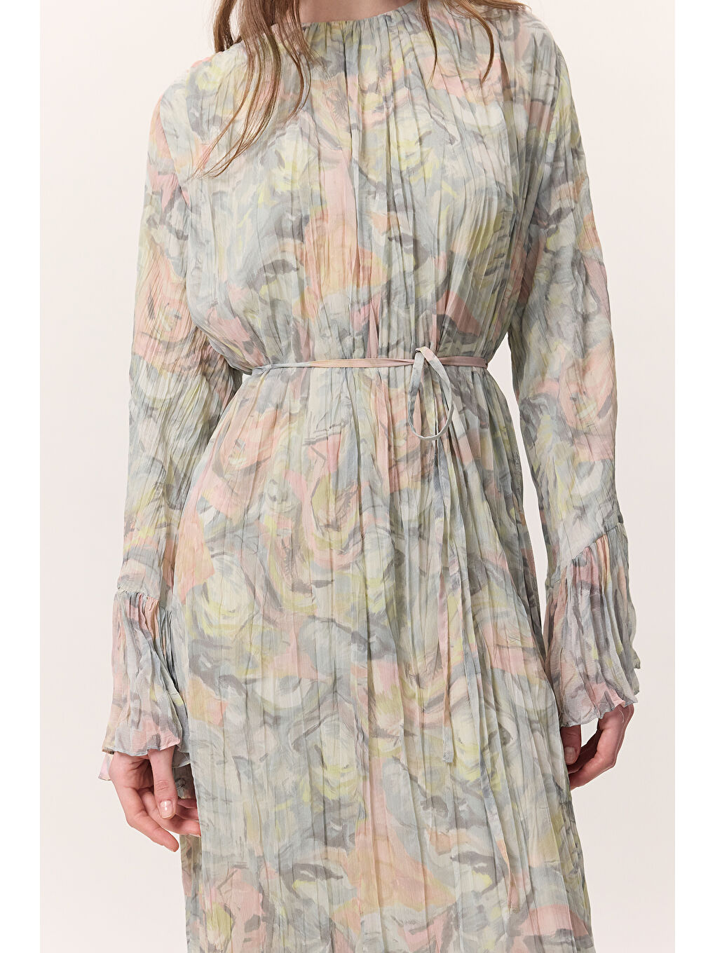 Desenli Crushlı Katlı Elbise Sophıa Yeşil-5