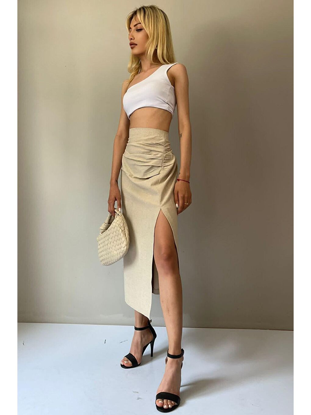 Bej Basic Midi Boy Büzgülü Keten Görünümlü Etek Mg1540-3