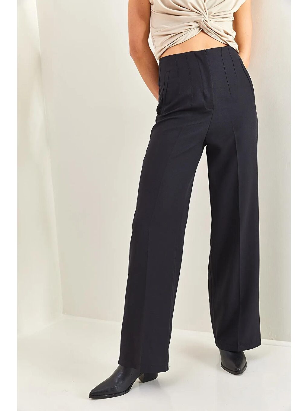 Siyah Kadın Gizli Cepli Çimalı Plazzo Pantolon-3