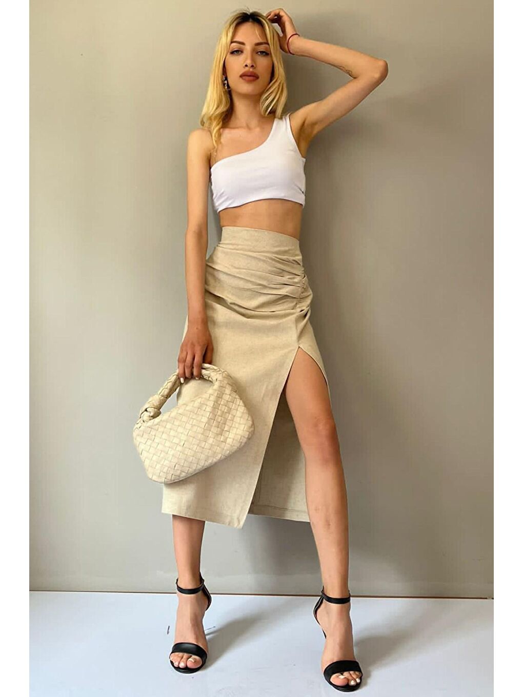 Bej Basic Midi Boy Büzgülü Keten Görünümlü Etek Mg1540-4