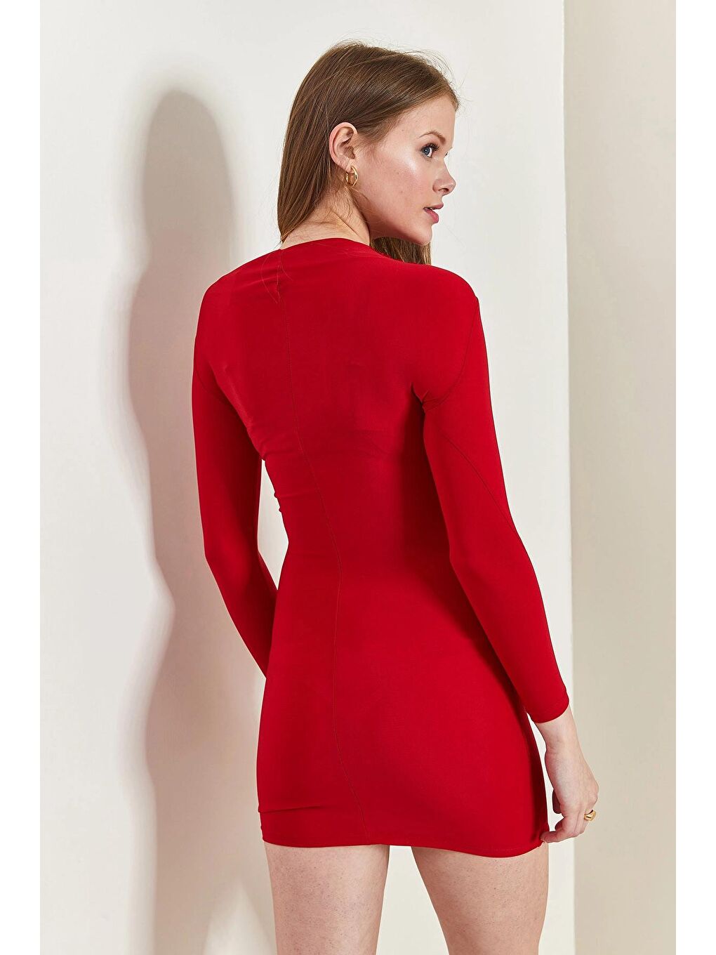 Kırmızı Kadın Çapraz Büzgülü Elbise-3