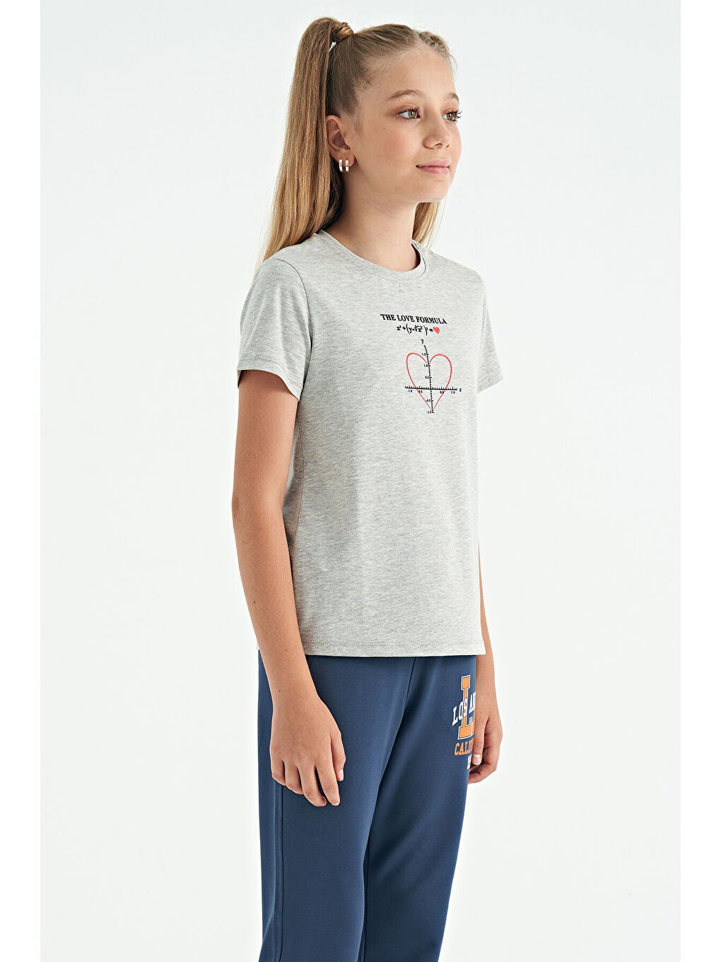 Gri Melanj O Yaka Baskı Detaylı Rahat Kalıp Kız Çocuk Tişört - 75129-6