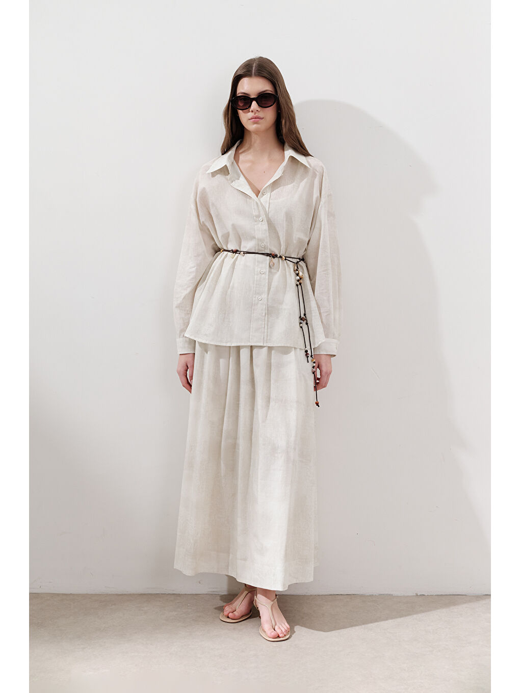 Desenli Pamuklu Hafif Etek Bej-2