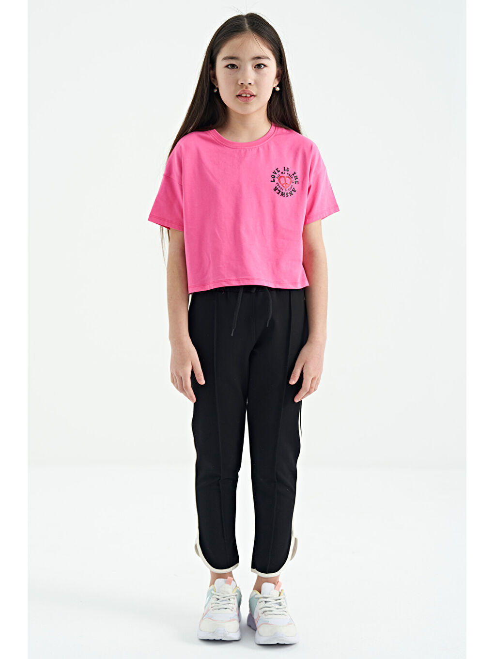 Şeker Pembe Ön Arka Baskılı O Yaka Düşük Omuz Oversize Kısa Kollu Kız Çocuk Tişört - 75126-2