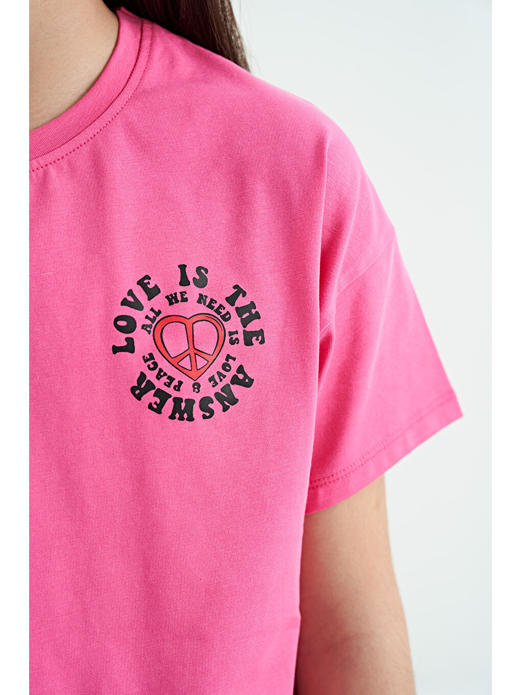 Şeker Pembe Ön Arka Baskılı O Yaka Düşük Omuz Oversize Kısa Kollu Kız Çocuk Tişört - 75126-4