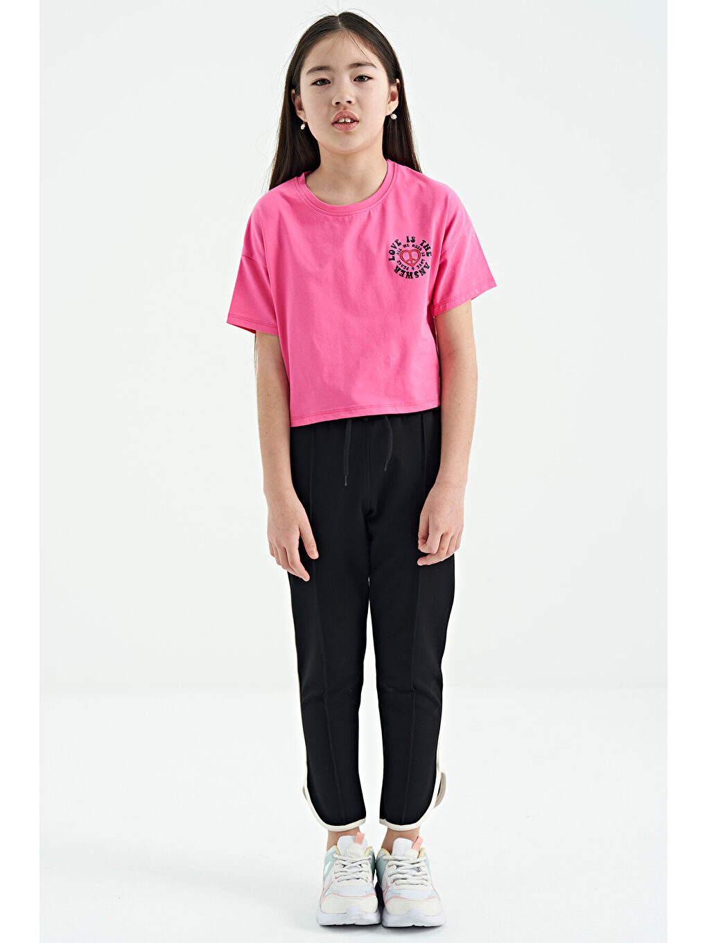 Şeker Pembe Ön Arka Baskılı O Yaka Düşük Omuz Oversize Kısa Kollu Kız Çocuk Tişört - 75126-6