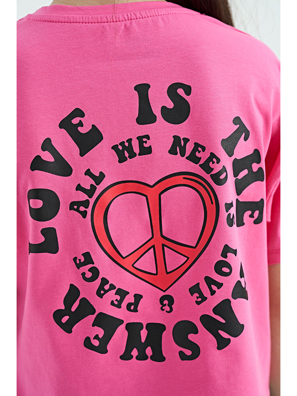 Şeker Pembe Ön Arka Baskılı O Yaka Düşük Omuz Oversize Kısa Kollu Kız Çocuk Tişört - 75126-8