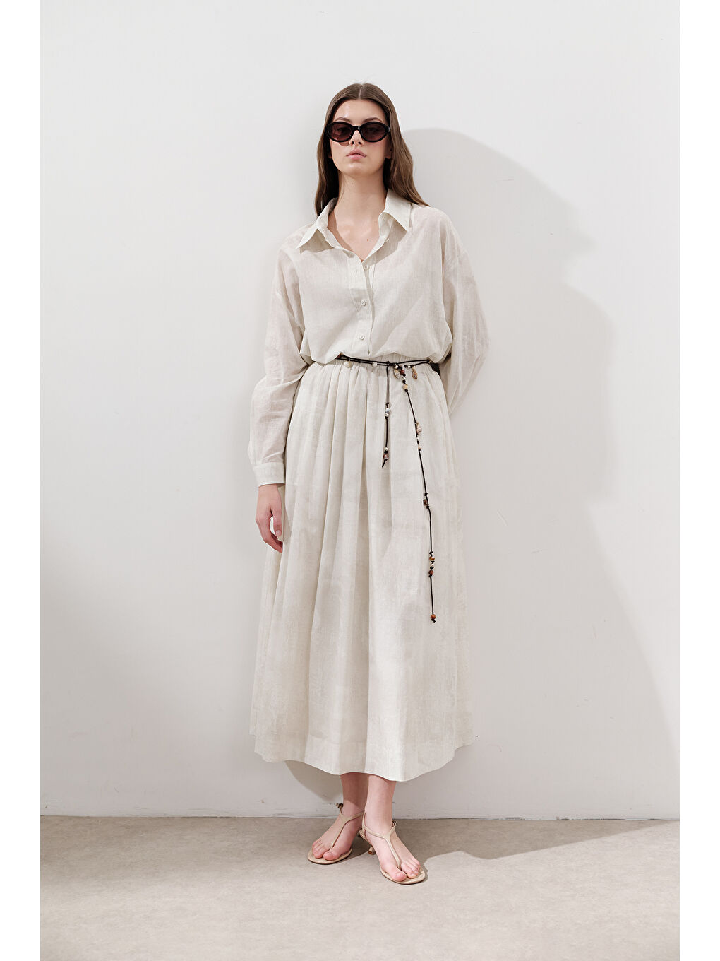 Desenli Pamuklu Hafif Etek Bej-5