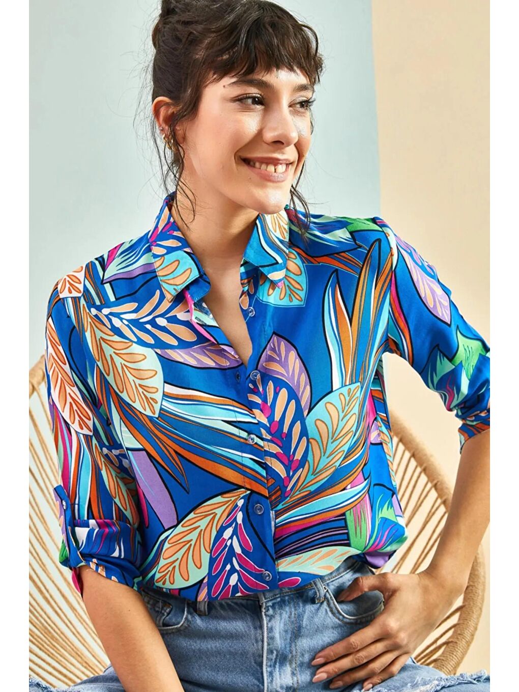 Lacivert Kadın Kol Katlamalı Viskon Gömlek