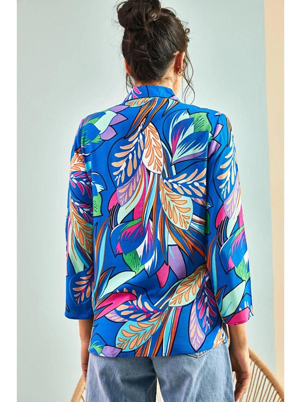 Lacivert Kadın Kol Katlamalı Viskon Gömlek-1