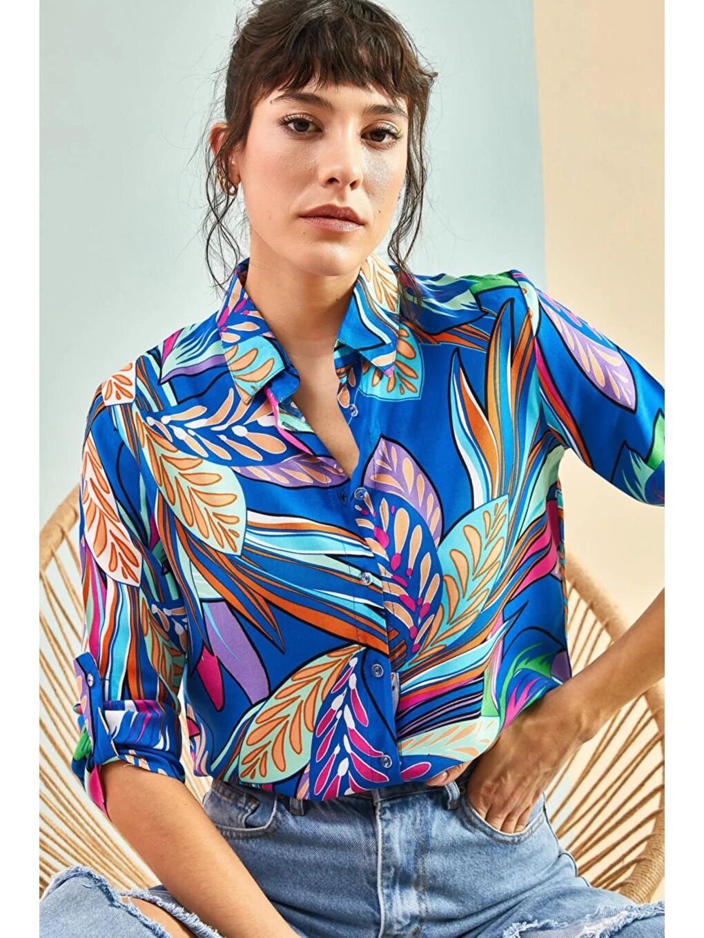 Lacivert Kadın Kol Katlamalı Viskon Gömlek-2