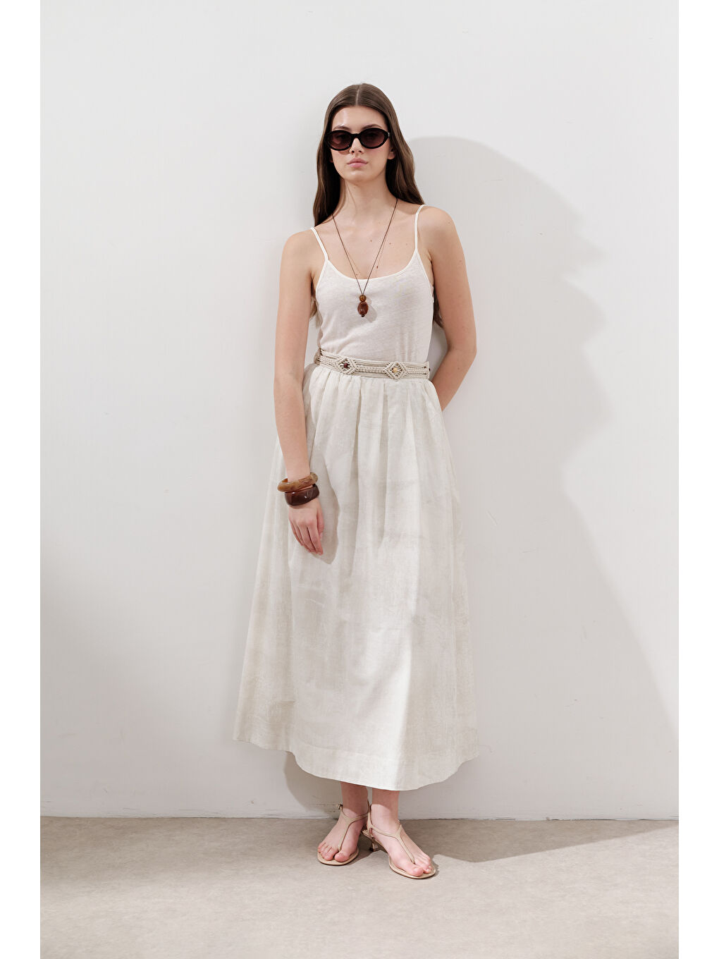 Desenli Pamuklu Hafif Etek Bej-6