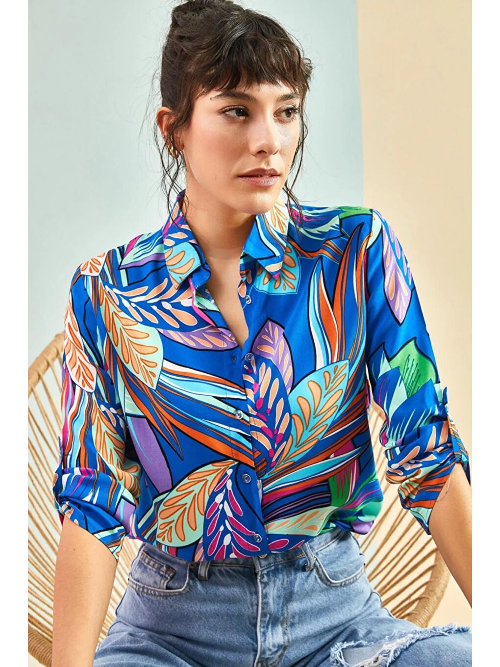 Lacivert Kadın Kol Katlamalı Viskon Gömlek-3