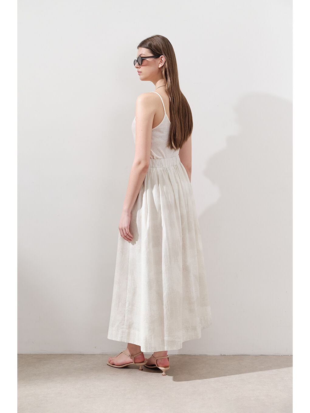 Desenli Pamuklu Hafif Etek Bej-7