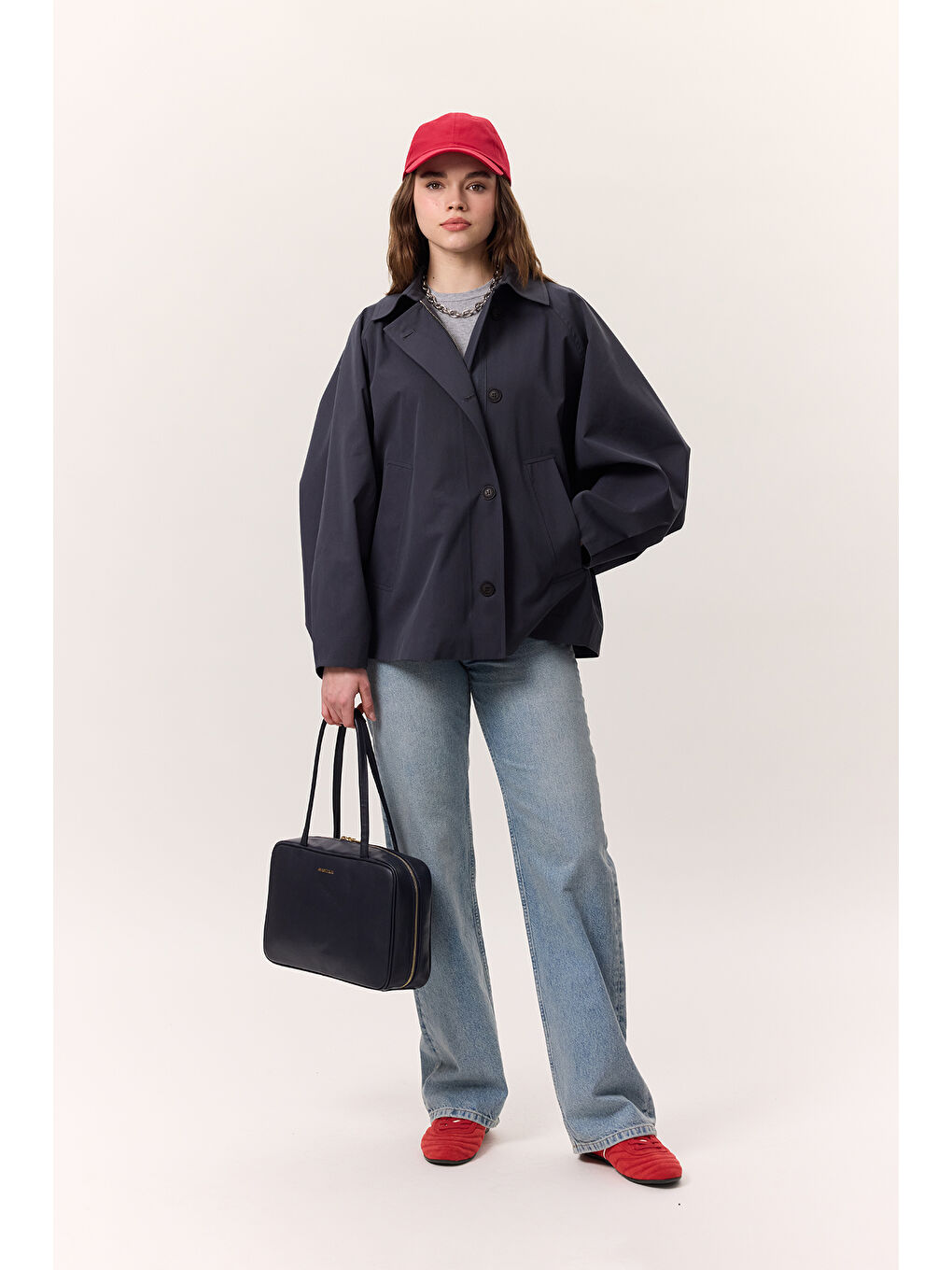 Pelerin Kol Kısa Trençkot Lacivert-1