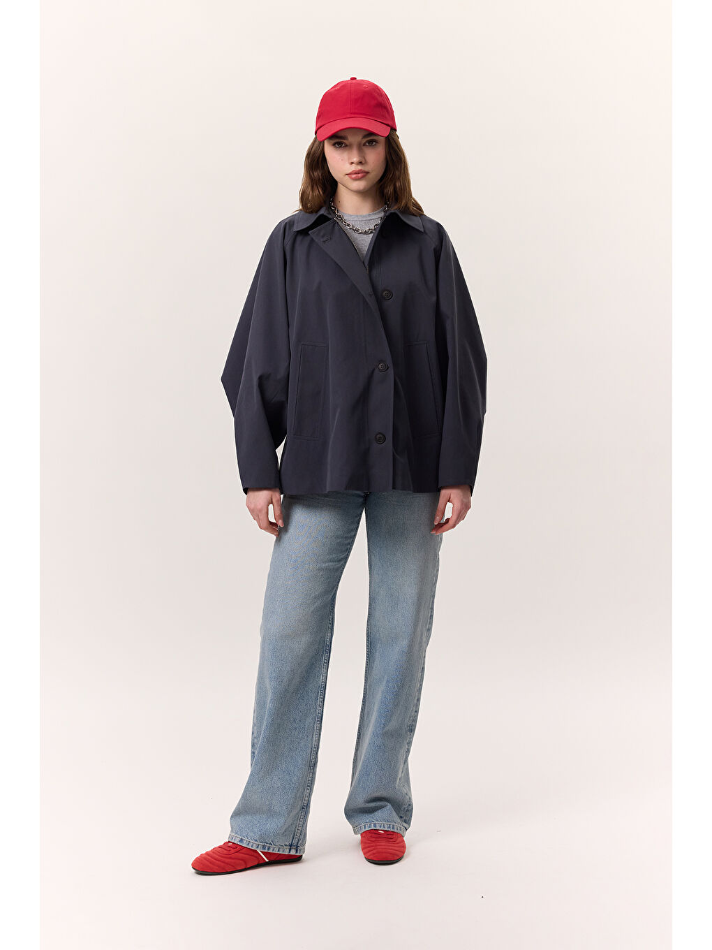 Pelerin Kol Kısa Trençkot Lacivert-4