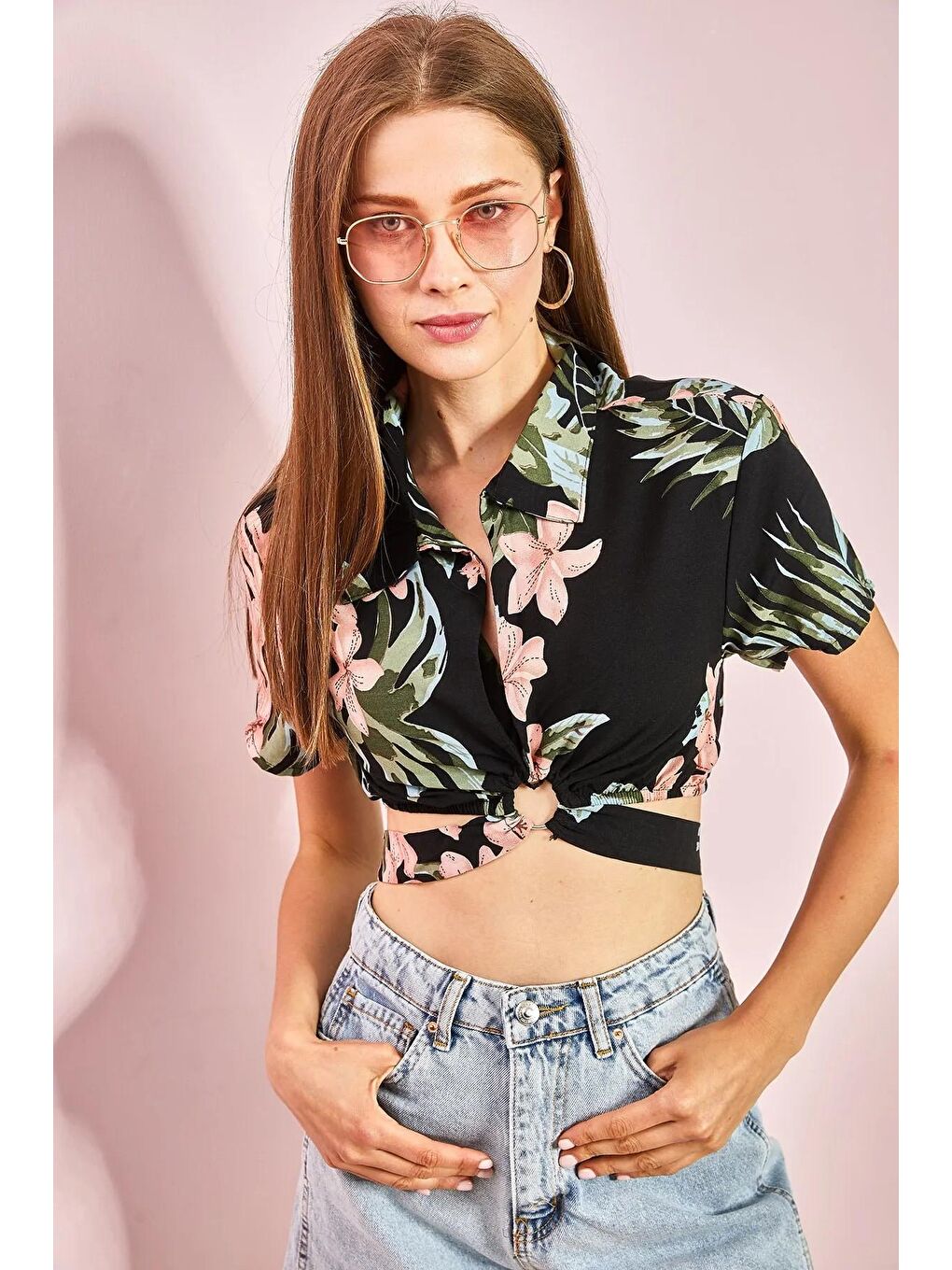 Siyah Kadın Halka Detaylı Bağlamalı Crop Gömlek-2