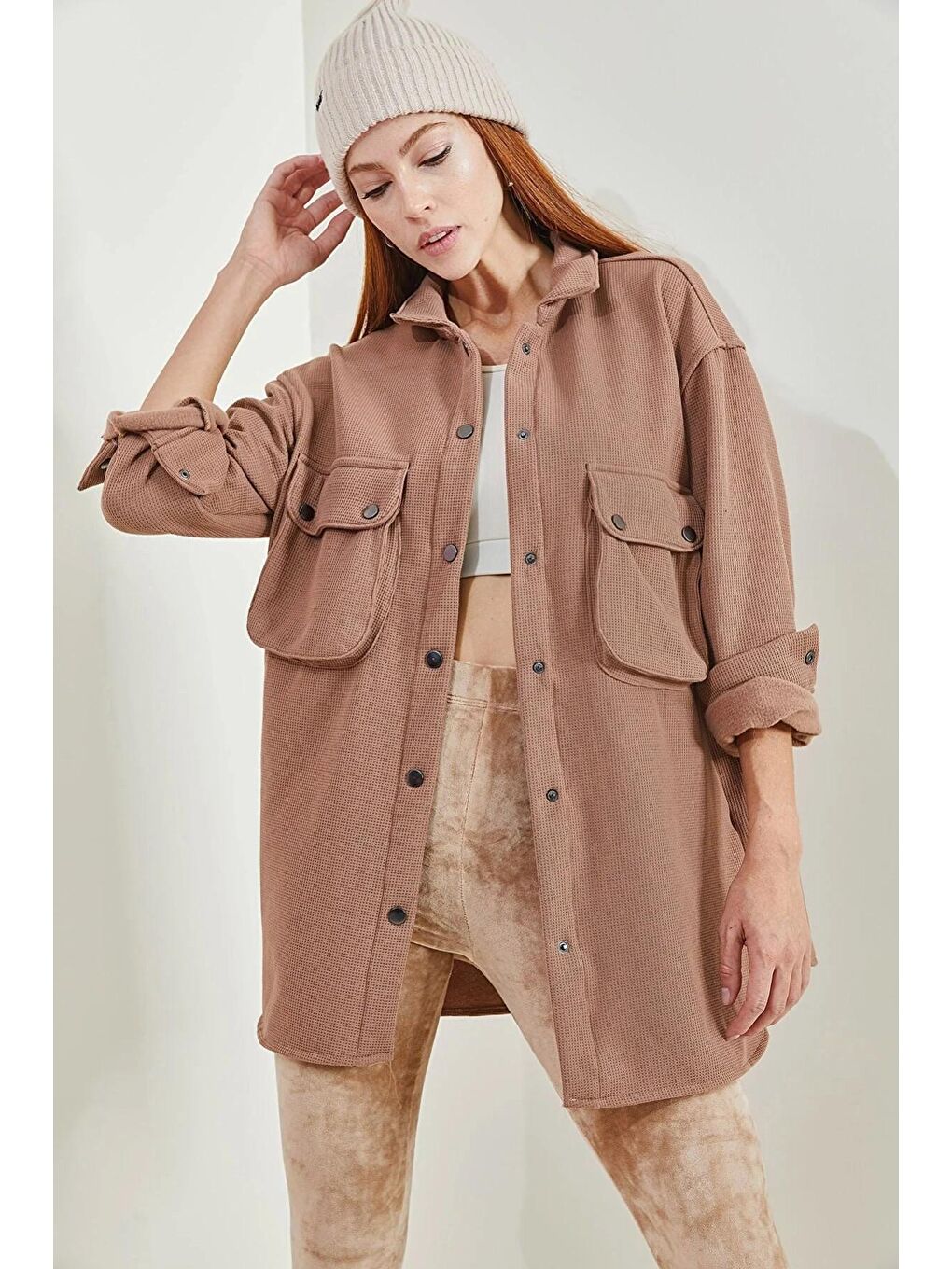 Kahverengi Kadın Şardonlu Waffle Gömlek 4639