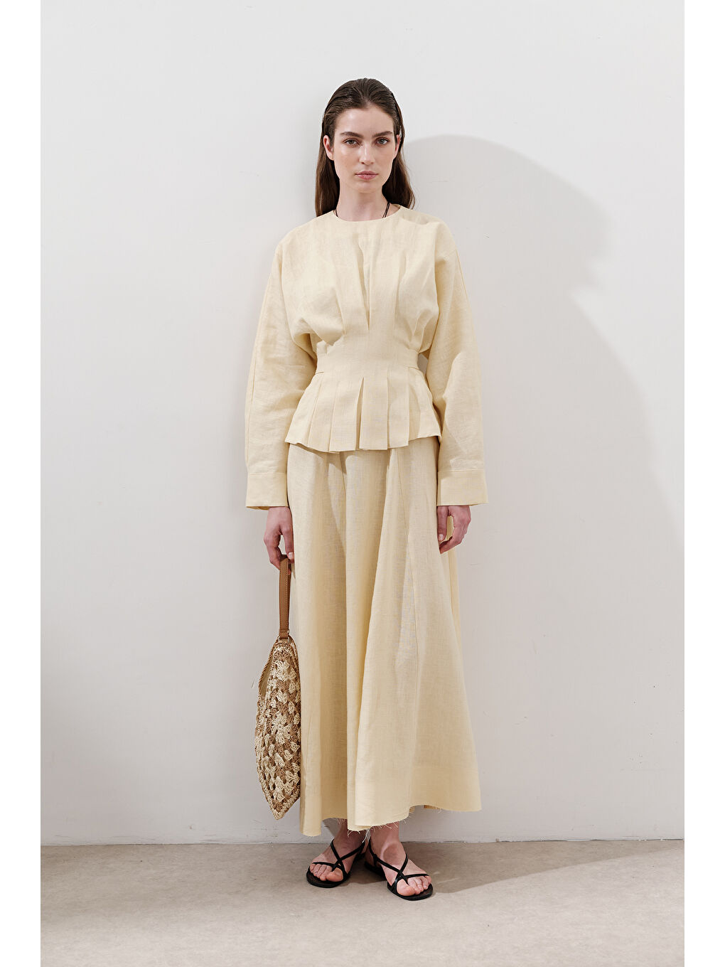 Keten Kruvaze Bağlamalı Bluz Sarı-4