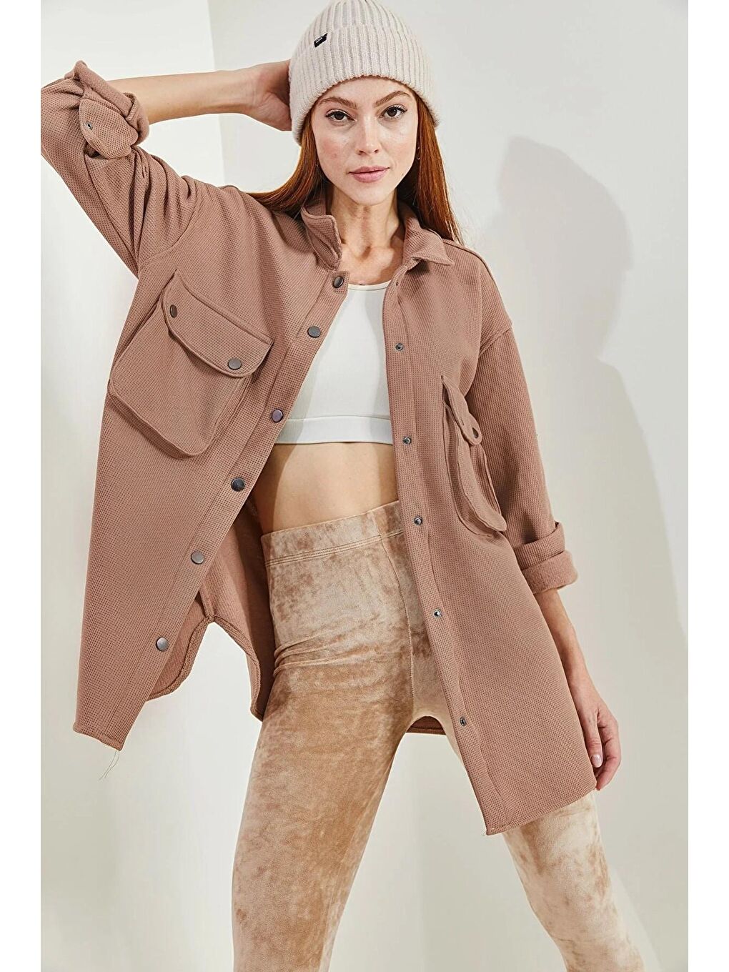 Kahverengi Kadın Şardonlu Waffle Gömlek 4639-2